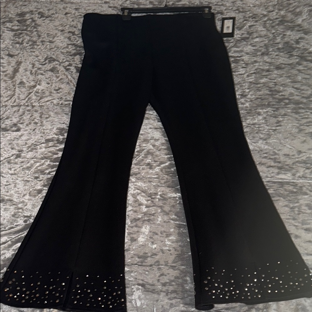 Slim Factor Flared Studded Bottom Black Women's Pants with Elastic Waist Size L